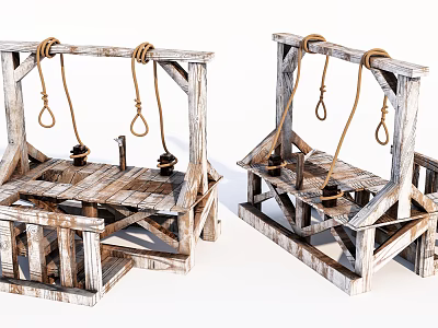Two Medieval Wooden Gallows Weapon Featuring Hanging Ropes and Wooden Frame 3d model