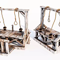 Two Medieval Wooden Gallows Weapon Featuring Hanging Ropes and Wooden Frame