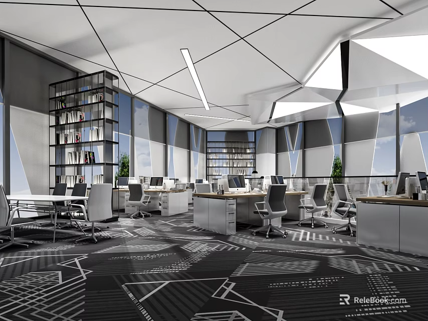 Modern Public Office Space with Desks Office Chairs Bookshelves Large Windows and Geometric Carpet 3d model 