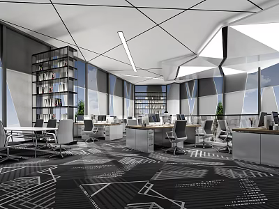 Modern Public Office Space with Desks Office Chairs Bookshelves Large Windows and Geometric Carpet 3d model