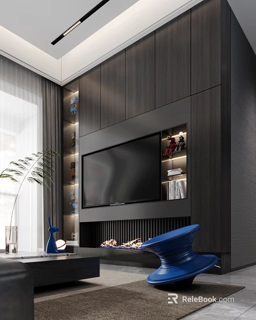 Modern Living Dining Room Interior Wooden TV Wall With LED Lighting Blue Chair And Decor 3d model 
