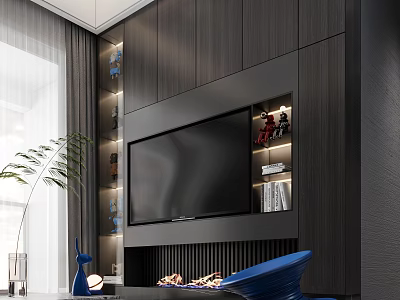 Modern Living Dining Room Interior Wooden TV Wall With LED Lighting Blue Chair And Decor 3d model