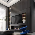 Modern Living Dining Room Interior Wooden TV Wall With LED Lighting Blue Chair And Decor