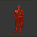 Elderly Man In Brown Robe Holding Walking Stick Standing Against Gray Background