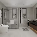 Modern Bathroom Interior With Glass Shower White Toilet Black Vanity Large Mirror And Washing Machine