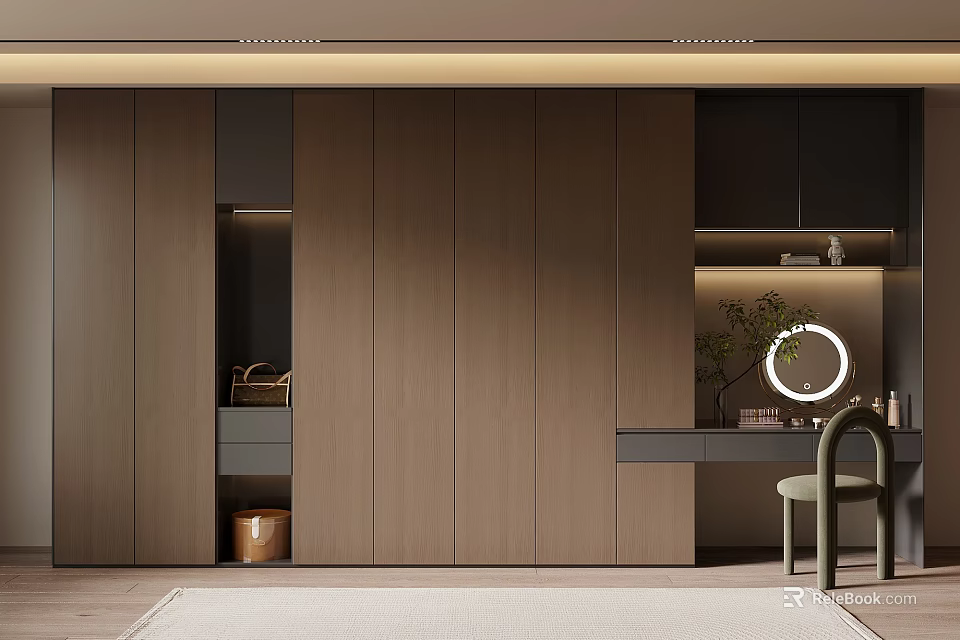 Modern Wooden Wardrobe Design With Built in Dressing Table Mirror and Storage 3d model 