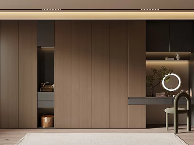 Modern Wooden Wardrobe Design With Built in Dressing Table Mirror and Storage 3d model