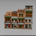Traditional Multi Story Building Model With Colorful Facades Balconies And Green Awnings
