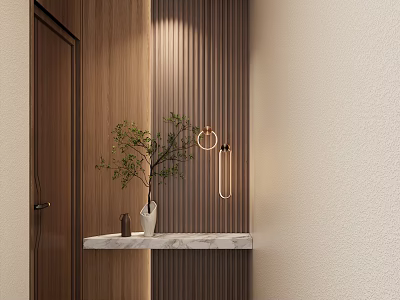 Modern Foyer Hallway With Wooden Vertical Slat Wall Marble Countertop And Circular Pendant Lights 3d model
