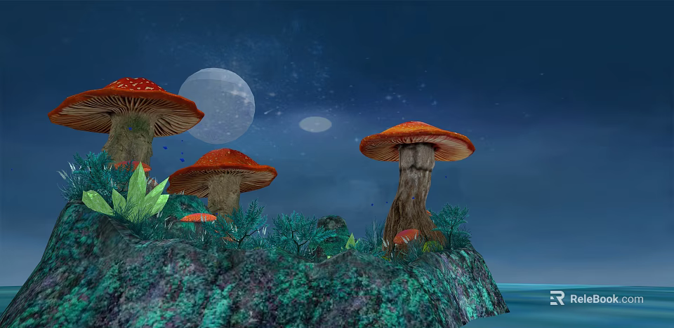 Magical Mushroom Landscape With Night Sky Moon Stars And Mossy Rocks 3d model 