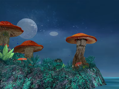 Magical Mushroom Landscape With Night Sky Moon Stars And Mossy Rocks 3d model