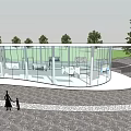 Modern Glass Public Building With Open Paved Ground Trees And People Walking