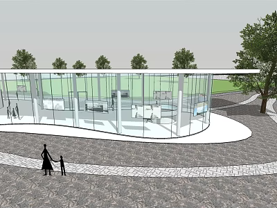 Modern Glass Public Building With Open Paved Ground Trees And People Walking 3d model