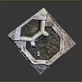 Traditional Stone Garden Fountain Ornament With Hexagonal Basin Animal Head Spouts And Small Plant