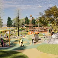 Fun Safe Kids Playground In Lush Park With Slides Swings Trees And Colorful Flowers