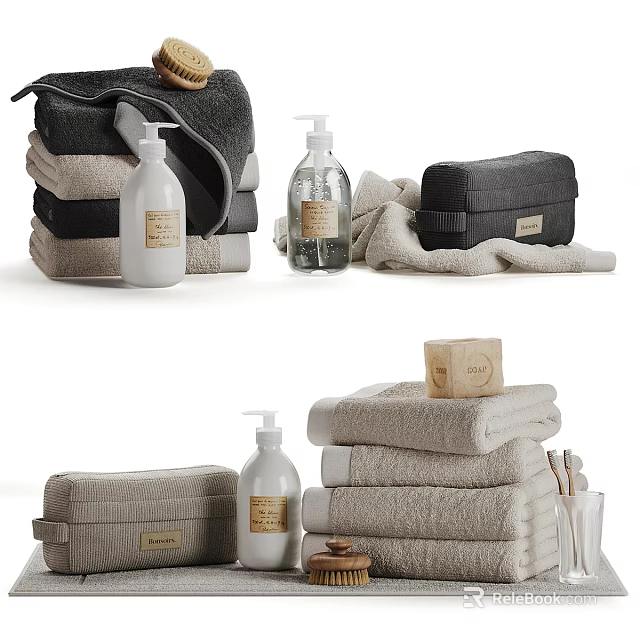 Bathroom Accessories Display With Towels Soaps And Dispensers 3d model 