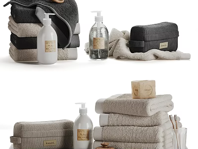 Bathroom Accessories Display With Towels Soaps And Dispensers 3d model