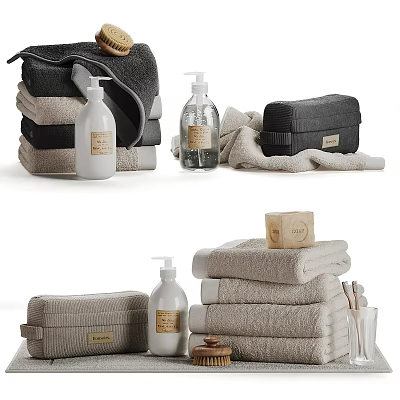Bathroom Accessories Display With Towels Soaps And Dispensers 3d model