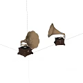 Vintage Gramophones With Brass Horns And Wooden Bases On White Background