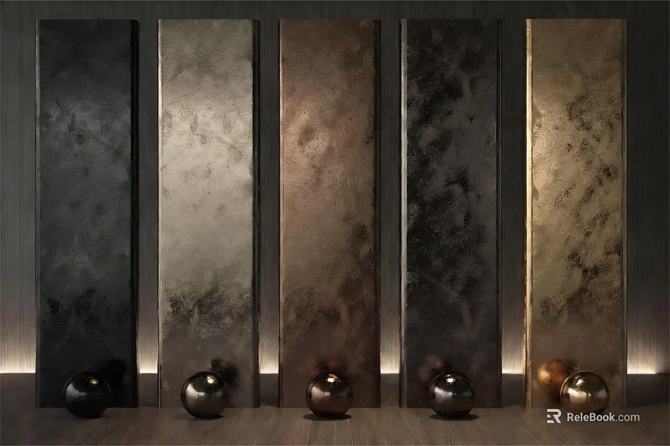 Vertical Wall Panels With Textured Surfaces And Decorative Spheres Under Warm Lighting 3d model 