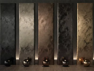 Vertical Wall Panels With Textured Surfaces And Decorative Spheres Under Warm Lighting 3d model