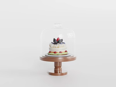 Delicious Cake Under Glass Dome On Wooden Stand With Fresh Fruit Toppings 3d model