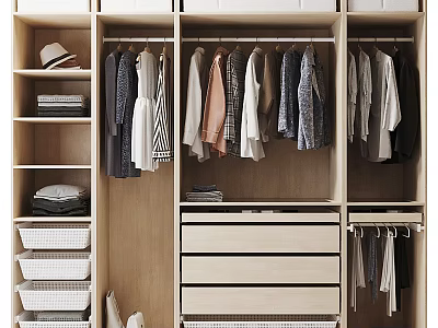 Modern Wooden Wardrobe With Hanging Rods Drawers And Storage Shelves 3d model