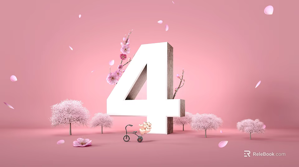 Number 4 With Cherry Blossom Trees Falling Petals And Little Bicycle On Pink Background 3d model 