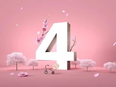 Number 4 With Cherry Blossom Trees Falling Petals And Little Bicycle On Pink Background 3d model