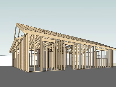 Wooden House Frame Structure With Roof Truss Columns And Support Beams 3d model