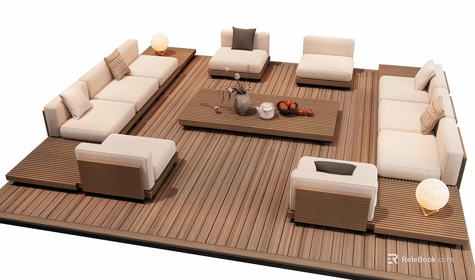 Outdoor Sofa Set On Wooden Deck With Coffee Table And Decorative Items 3d model 