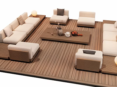 Outdoor Sofa Set On Wooden Deck With Coffee Table And Decorative Items 3d model