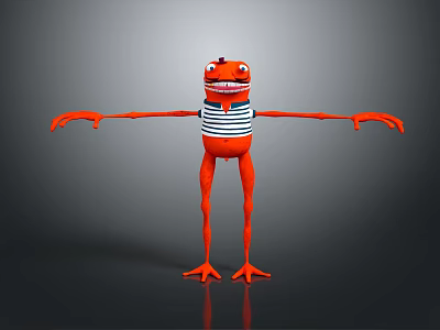 Orange Frog like Game Movie Character With Blue White Striped Vest And Outstretched Arms Standing 3d model