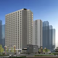 Modern Commercial Landscape With High Rise Glass Facade Building And Urban Street
