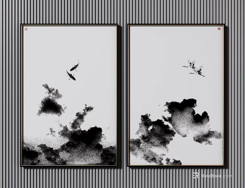 Ink Painting Style Wall Art With Flying Birds And Clouds On Striped Background 3d model 