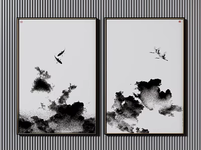 Ink Painting Style Wall Art With Flying Birds And Clouds On Striped Background 3d model