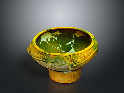 Decorative Ceramic Bowl With Yellow Green Glaze And Carved Patterns On Base 3d model