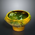 Decorative Ceramic Bowl With Yellow Green Glaze And Carved Patterns On Base