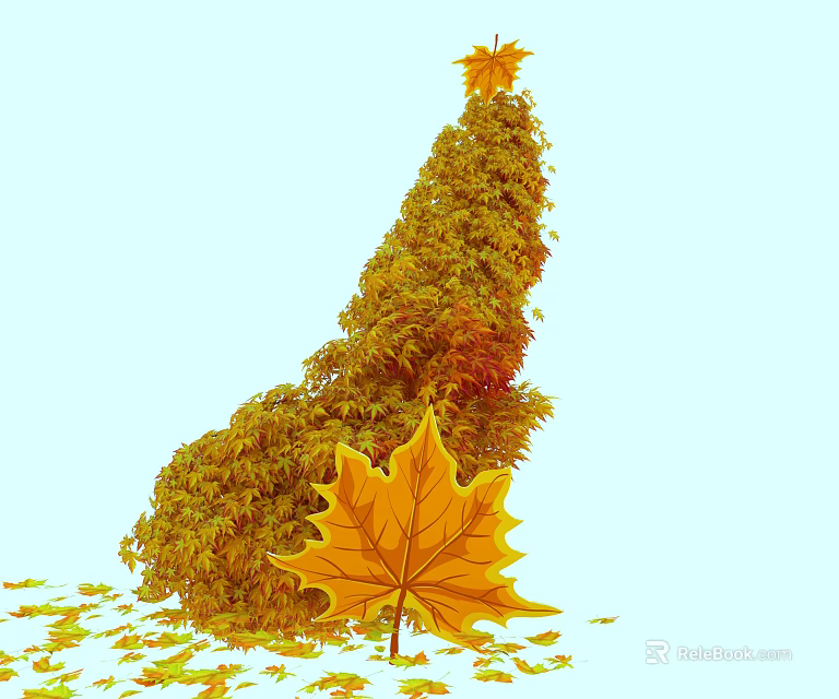 Art Installation Composed of Yellow Orange Leaves with Conical Structure and Large Maple Leaf 3d model 