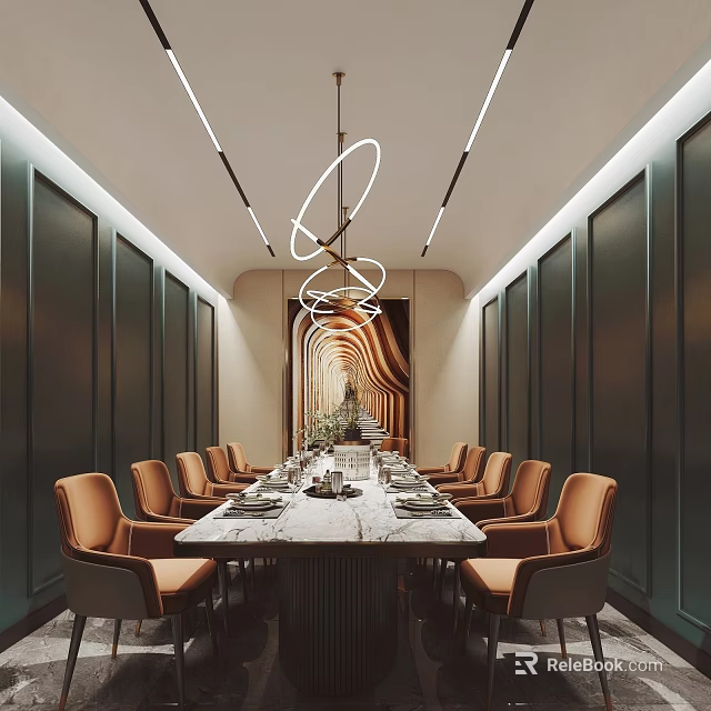 Modern Restaurant Interior Design With Long Marble Dining Table Orange Chairs And Circular Pendant Lights 3d model 