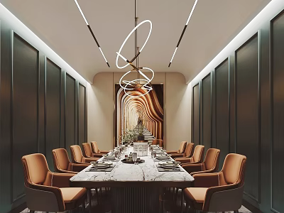 Modern Restaurant Interior Design With Long Marble Dining Table Orange Chairs And Circular Pendant Lights 3d model