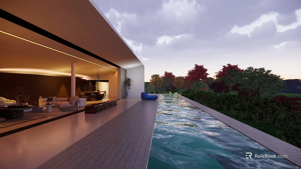 Modern Detached Villa With Long Swimming Pool Wooden Terrace And Sunset View 3d model 
