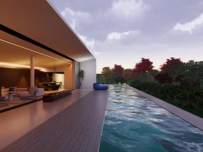 Modern Detached Villa With Long Swimming Pool Wooden Terrace And Sunset View 3d model