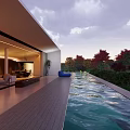 Modern Detached Villa With Long Swimming Pool Wooden Terrace And Sunset View