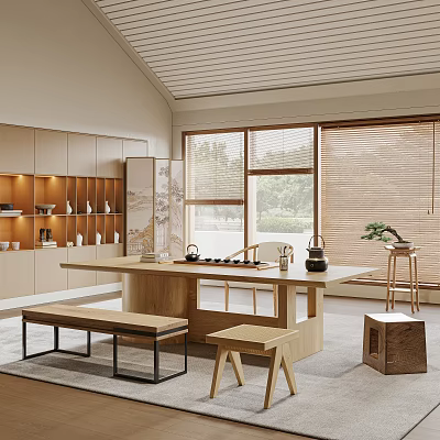Traditional Tea Room Interior With Wooden Furniture And Natural Light 3d model