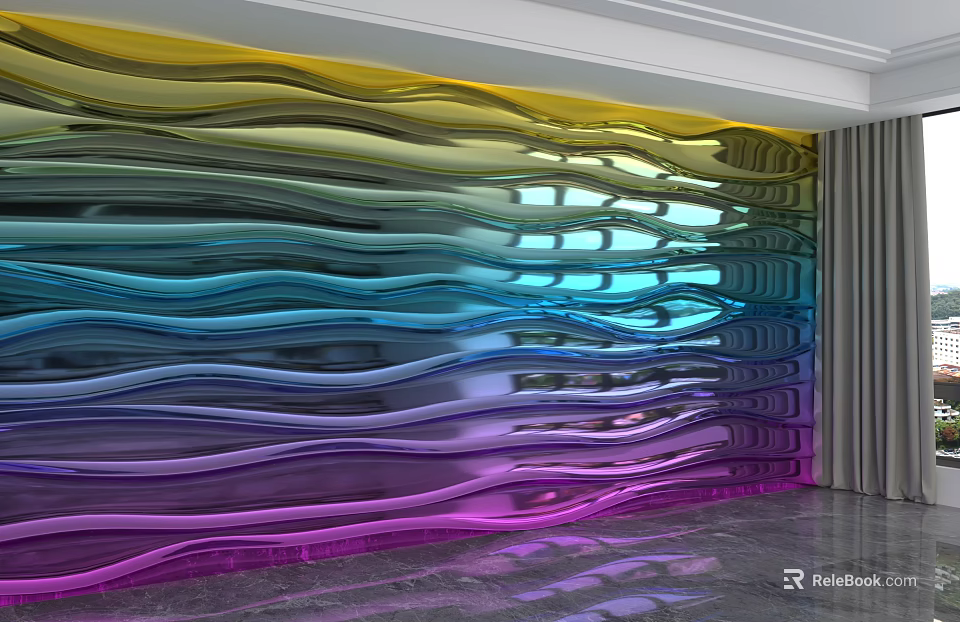 Colorful Wavy Metallic Background Wall With Shiny Modern Design And Reflective Surface 3d model 
