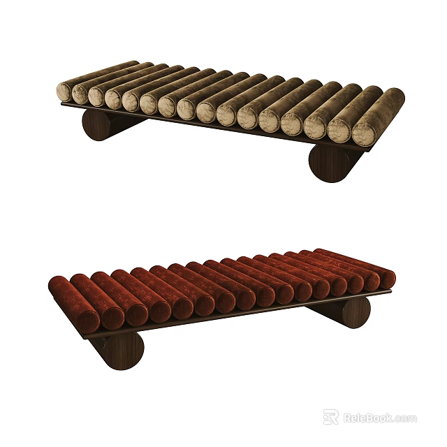 Stylish Sofa Bench With Cylindrical Cushions In Brown And Red Colors And Wooden Support Legs 3d model 