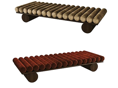 Stylish Sofa Bench With Cylindrical Cushions In Brown And Red Colors And Wooden Support Legs 3d model