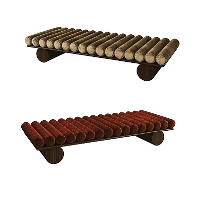 Stylish Sofa Bench With Cylindrical Cushions In Brown And Red Colors And Wooden Support Legs 3d model
