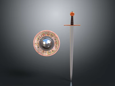 Historical Weapons Including Decorative Sword And Round Shield With Intricate Patterns 3d model